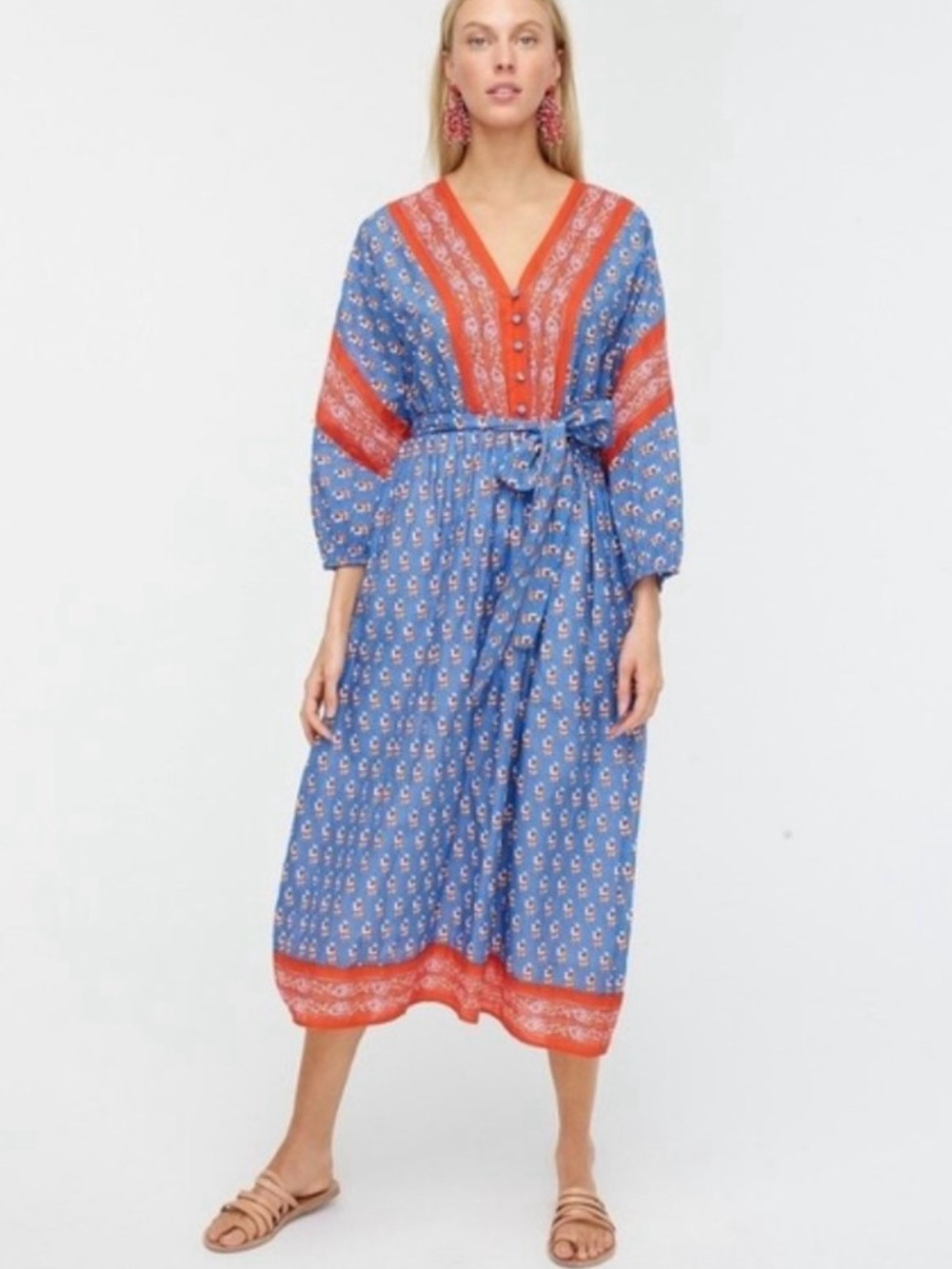 J.Crew V-Neck Cover-Up Midi Dress Classic Block Print Blue Red Boho Size XS